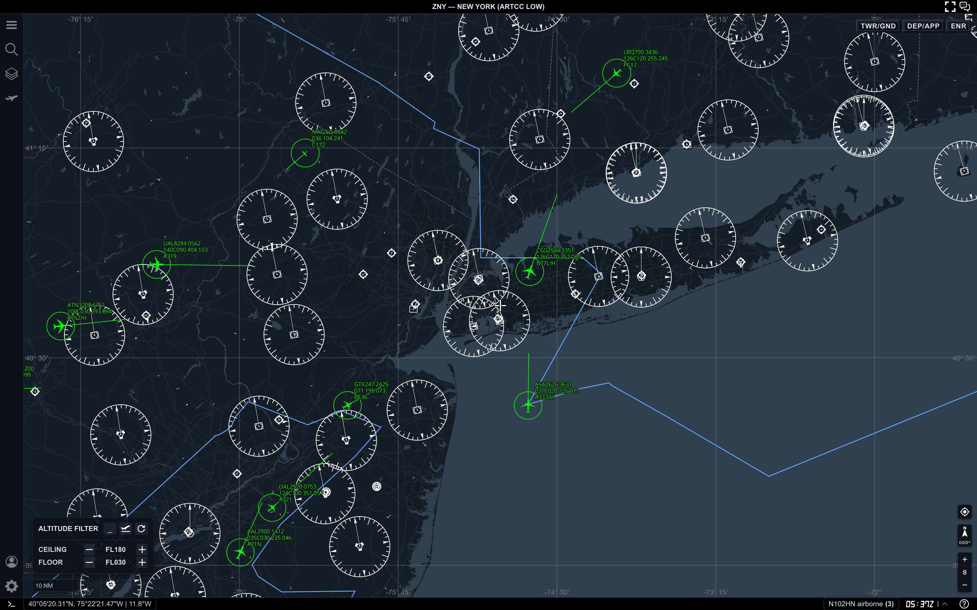 FL030 to FL180 altitude filter around New York