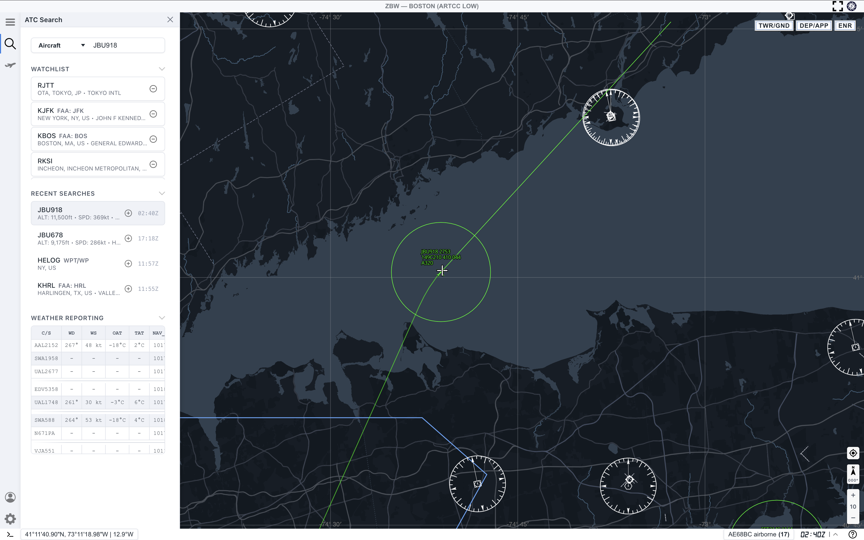 Selected aircraft after search