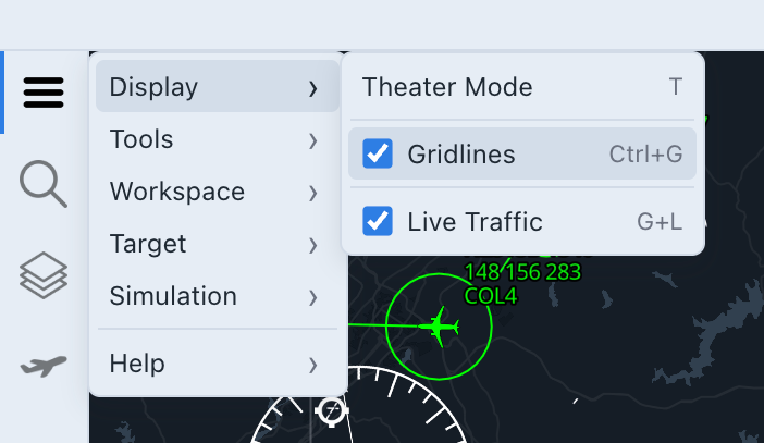 Display menu with gridlines and live traffic toggles