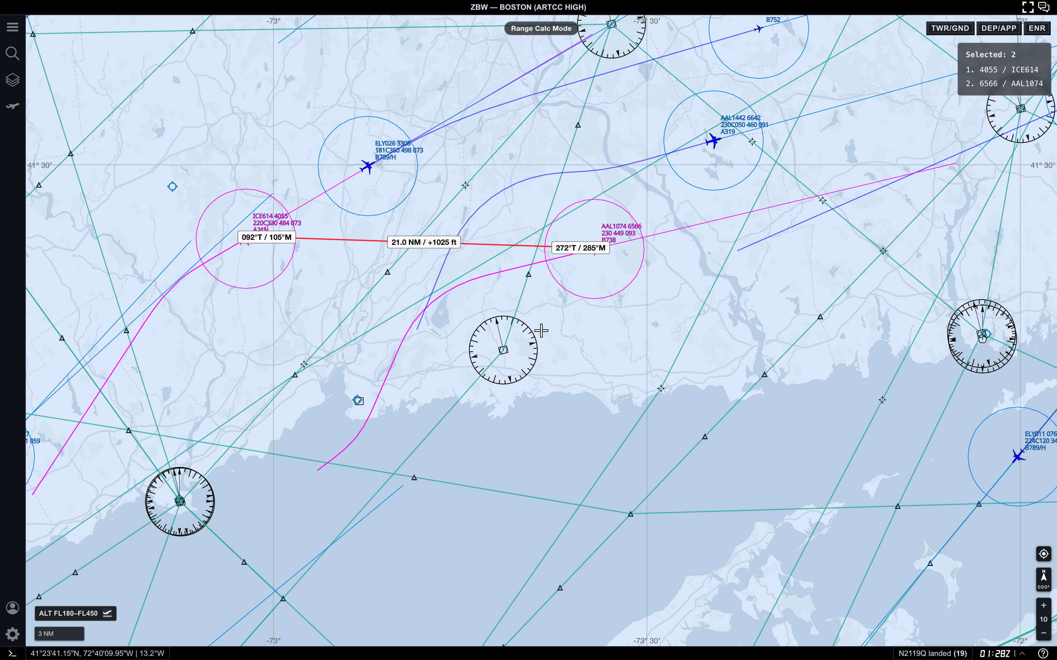 Two selected aircraft measured with Range Calc Mode