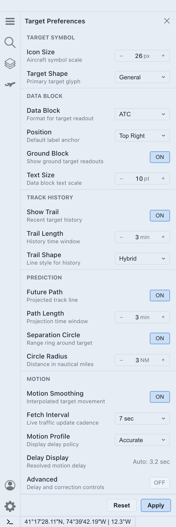 Target Preferences panel controls