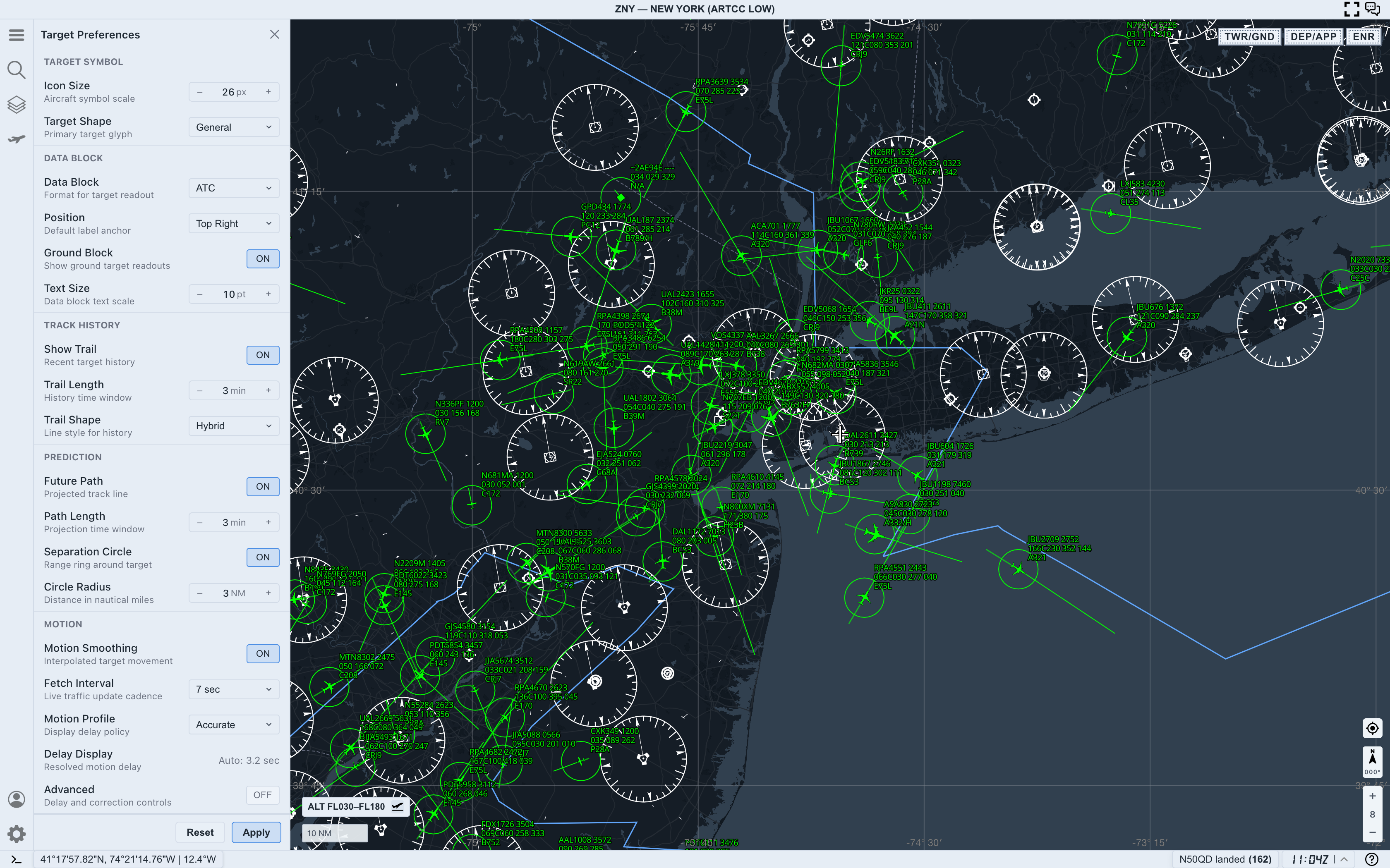 Selected target with data block, trail, and detail panel